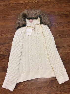 Show Me Your MuMu Cream Cable Knit Sweater with Faux Fur Hood